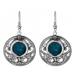 Round Sterling Silver Earrings with Eilat Stone and Swirling Carvings-Rafael Jewelry Ohrringe