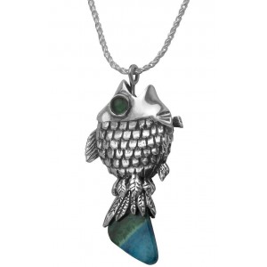Sterling Silver Fish Pendant with Eilat Stone & Emerald by Rafael Jewelry Jüdischer Schmuck