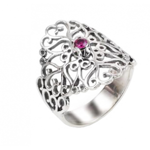 Rafael Jewelry Sterling Silver Ring with Ruby in Heart Cutouts Israeli Jewelry Designers