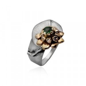 Rafael Jewelry Flower Ring in Sterling Silver and 9k Yellow Gold with Emerald Jüdische Ringe