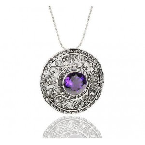 Round Pendant in Sterling Silver with Amethyst and Filigree Design by Rafael Jewelry Jüdischer Schmuck