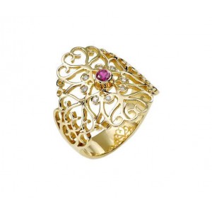 14k Gold Ring with Diamond & Ruby and Heart Motif Rafael Jewelry Designer Künstler & Marken