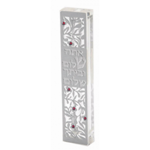 Clear Mezuzah with Vine Detailing & Hebrew Text with Red Gems Mesusas