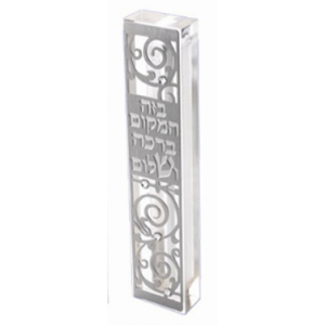 Clear Mezuzah with Swirl Design & Hebrew Text with Silver Gems  Mesusas