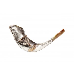Ram's Polished Horn with a Silver Sleeve & Menorah Decoration by Barsheshet-Ribak Shofares