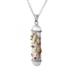 Sterling Silver Amulet Pendant with Gems and Yellow Gold leaves by Rafael Jewelry Künstler & Marken