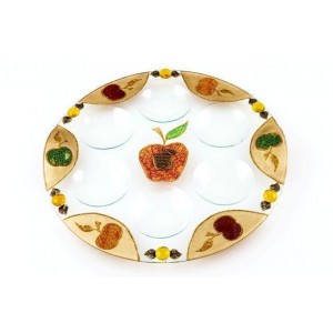 Rosh Hashanah Seder Plate with Apple Motif in Glass Pratos de Sêder de Rosh Hashaná