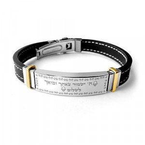 Men’s Bracelet in Leather and Stainless Steel with Traveler’s Prayer Men's Jewelry