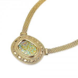 14K Gold Mesh Chain Necklace Featuring an Oval Roman Glass by Ben Jewelry
