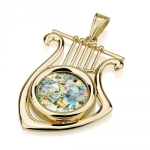 David's lyre Pendant 14K Yellow Gold with Roman Glass by Ben Jewelry