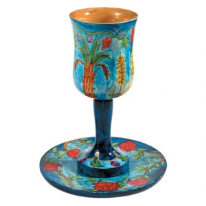 Yair Emanuel Large Wooden Kiddush Cup and Saucer with The Seven Species Kidduschbecher & Brunnen