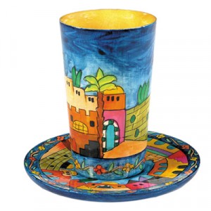 Yair Emanuel Round Wooden Kiddush Cup Set with Jerusalem Depictions