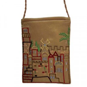 Yair Emanuel Designed Embroidered Handbag with Golden Jerusalem Design Bekleidung