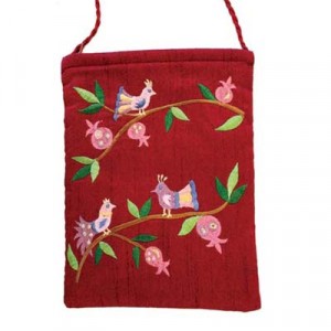 Embroidered Maroon Handbag with Bird and Pomegranate Motif by Yair Emanuel Moderne Judaica