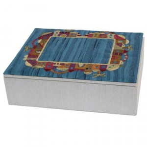 Yair Emanuel Embroidered Jewelry Box With Jerusalem Depictions in Blue Accessoires