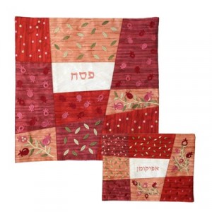 Yair Emanuel Silk Matzah Cover Set with Red Patches Matzatücher