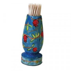 Yair Emanuel Painted Wooden Toothpick Stand with Pomegranates Moderne Judaica