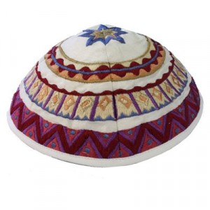 Yair Emanuel White and Magenta Patterned Machine Embroidered Kippah Kipás