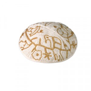 Yair Emanuel White and Gold Cotton Hand Embroidered Kippah with Bird Motif Kipás