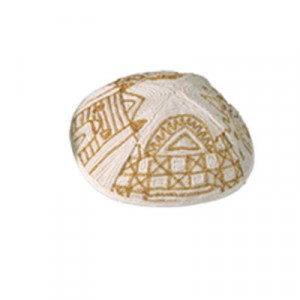 Yair Emanuel White and Gold Cotton Hand Embroidered Kippah with Jerusalem Motif Kipás