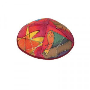 Yair Emanuel Red Silk Kippah with Multicolor Designs Bar Mitzvah
