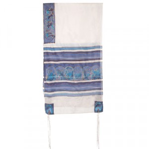 Yair Emanuel handbemalter Tallit aus Seide mit den Insignien der 12 Stämme in Weiß und Blau Women's Tallit