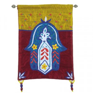 Yair Emanuel Raw Silk Embroidered Wall Decoration with Hamsa and Flowers in Blue Heimdeko