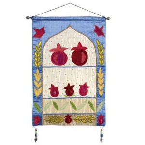 Yair Emanuel Raw Silk Embroidered Wall Hanging with Pomegranates and Wheat