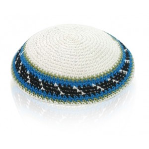 White Knitted Kippah with Green, Blue and Black Stripes Bar Mitzvah
