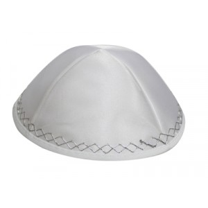 White Terylene Kippah with Four Sections and Silver Diamond Shapes Bar Mitzvah

