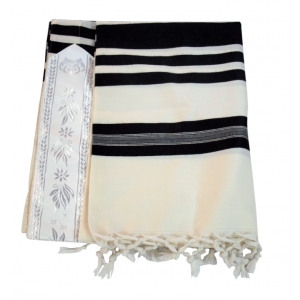White Shabbat Wool Tallit with Tight Weave and Black Stripes Tallits