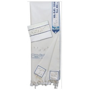 White Wool Tallit with Blue and Silver Jerusalem and Birds Tallits