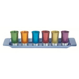 Set of 6 Yair Emanuel Multicolored Anodized Aluminium Cups with Tray Kidduschbecher & Brunnen