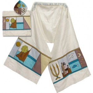 White Silk Tallit with Appliqué Six Days of Creation
