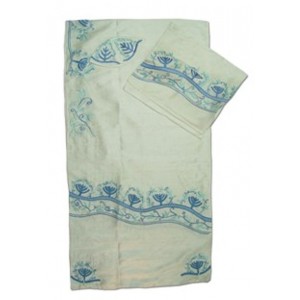 White Silk Tallit with Blue Menorahs and Floral Pattern Modern Tallit