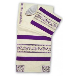 White Silk Tallit with Purple Myrtle Branches and Stripes Tallits