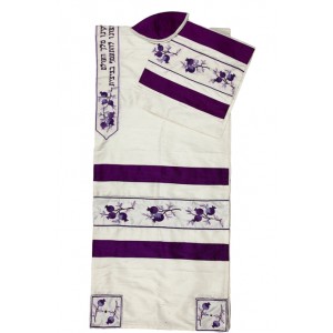 White Silk Tallit with Purple Pomegranates and Hebrew Blessing Tallits