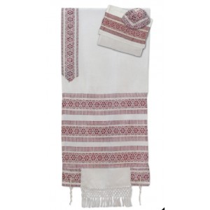 Hand-woven White Wool and Silk Tallit with Red Lines and Diamonds Tallits