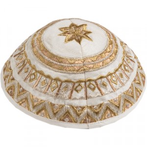 White Kipah by Yair Emanuel with Gold Geometric Embroidery Kipás