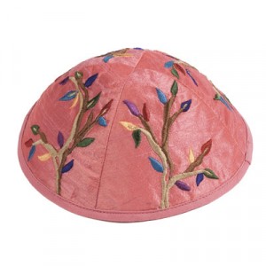 Yair Emanuel Pink Kippah with Colorful Tree Embroidery Kipás
