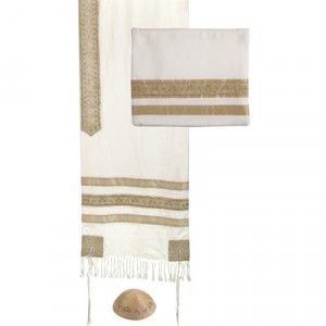 Gold Stripes Matching Tallit with Bag and Kippa by Yair Emanuel Tallits