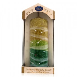 Safed Candles Pillar Havdalah Candle with Green and Yellow Stripes Shabbat