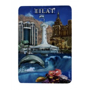 Plastic Magnet with Eilat Landmarks, Dolphin and English Text in White Magnete