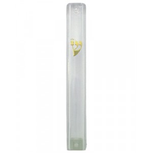 Mezuzah in Clear Plastic with Gold-Coloured Shin Mesusas