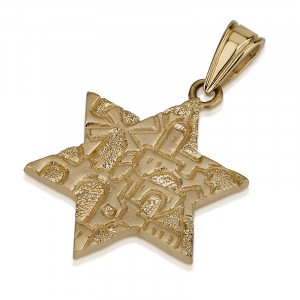 14k Yellow Gold Star of David Pendant with Detailed Jerusalem Homes Ben Jewellery