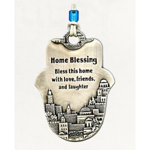 Silver Hamsa Home Blessing with English Text and Sweeping Jerusalem Panorama Hamsas