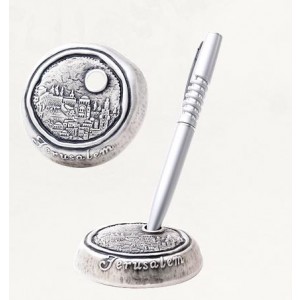 Silver Pen Holder with Old City of Jerusalem Medallion and Important Landmarks Stationery