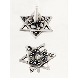 Silver Star of David Dreidel with Hebrew Text, Flowers and Heart Israelische Kunst