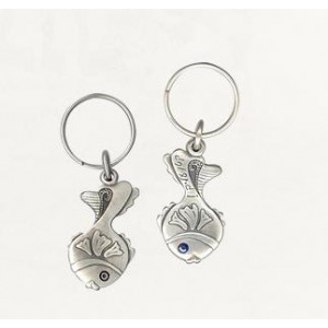Silver Fish Keychain with Inscribed Hebrew Text and Swarovski Crystals