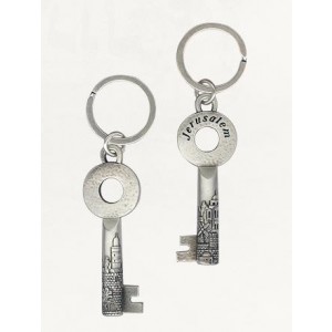 Silver Keychain with Skeleton Key Design, Jerusalem Image and English Text Israelische Kunst